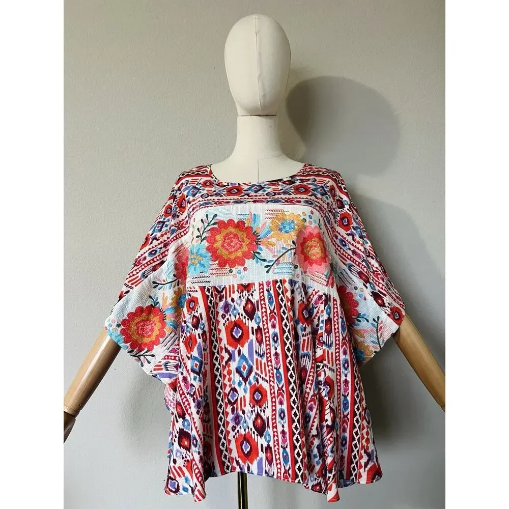 SAVANNA JANE Women's Floral Embroidered Poncho Tunic Top Red Blue Size M/L - Picture 4 of 16